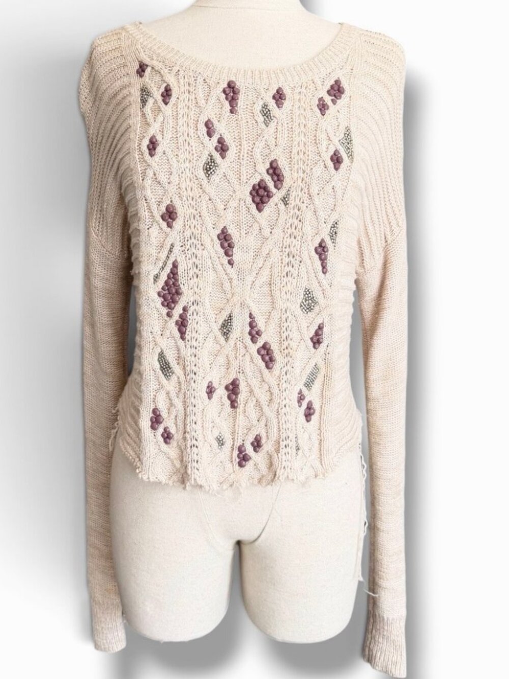 Light Beige Cable Knit Sweater Purple Silver Beaded Upcycled Pullover